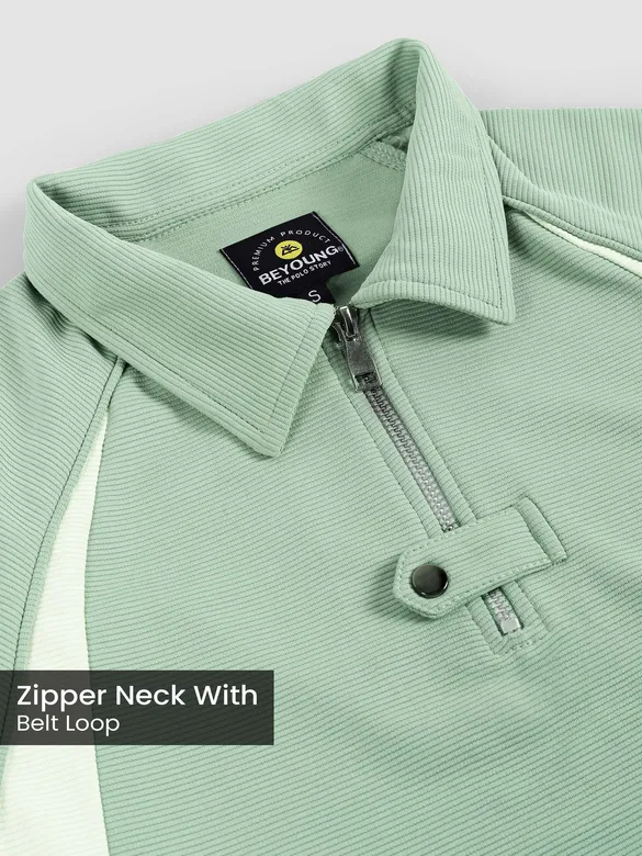 Sage Green Raglan Sleeve Zipper Polo T-Shirt