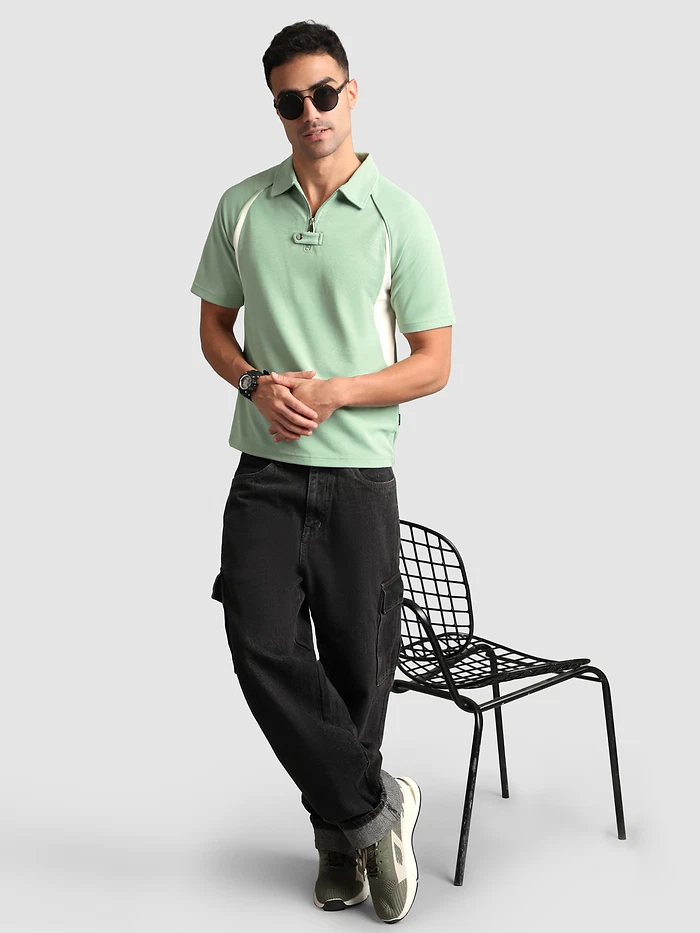 Sage Green Raglan Sleeve Zipper Polo T-Shirt