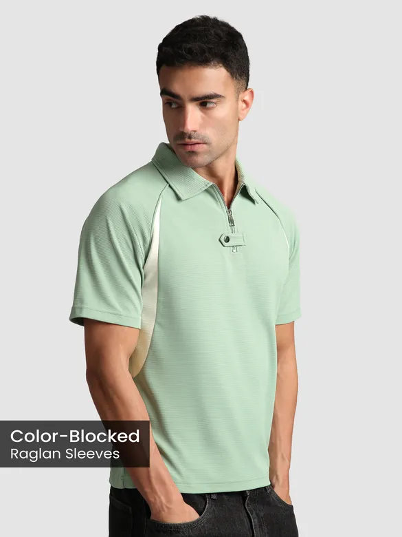 Sage Green Raglan Sleeve Zipper Polo T-Shirt