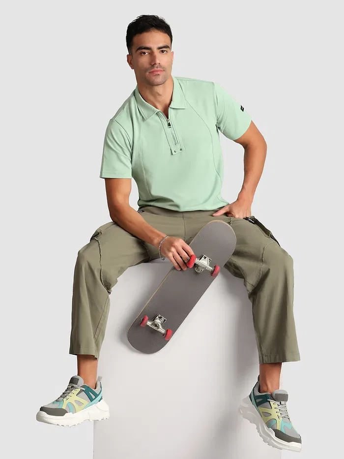 Sage Green Sporty Zipper Polo T-Shirt