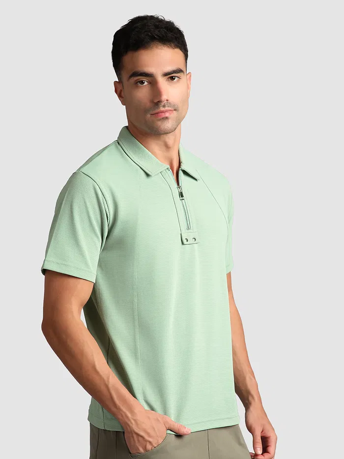 Sage Green Sporty Zipper Polo T-Shirt