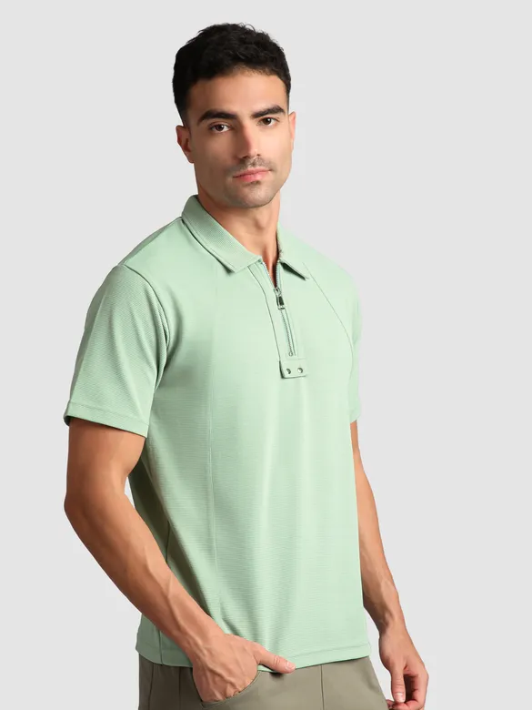 Sage Green Sporty Zipper Polo T-Shirt