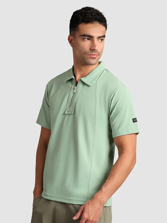Sage Green Sporty Zipper Polo T-Shirt