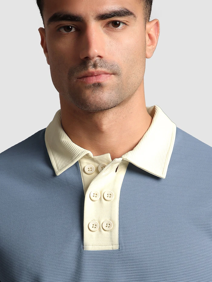 Stone Blue Sporty Double Buttoned Polo T-Shirt