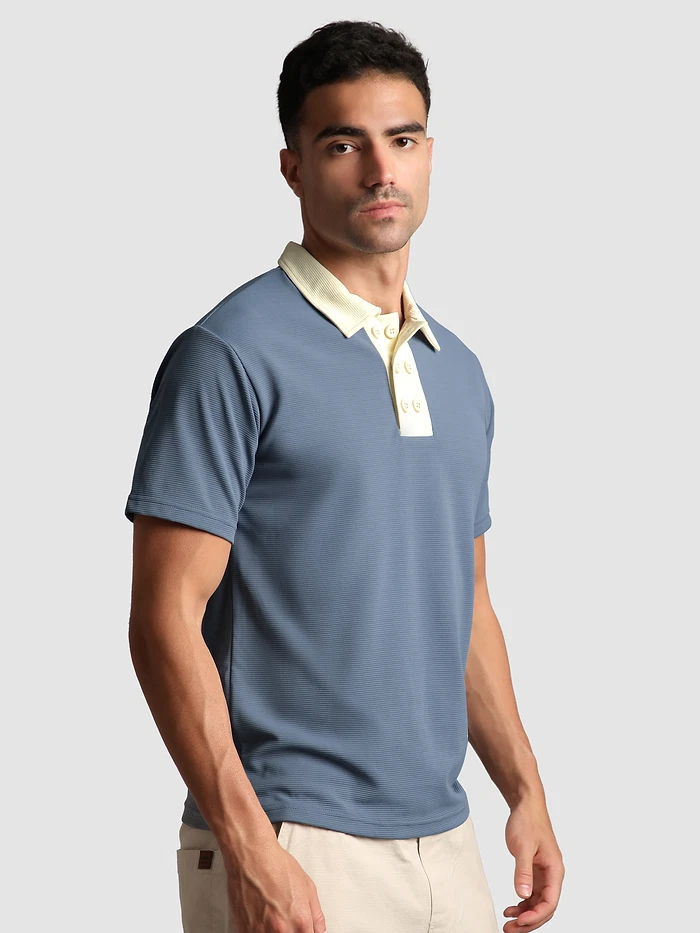 Stone Blue Sporty Double Buttoned Polo T-Shirt