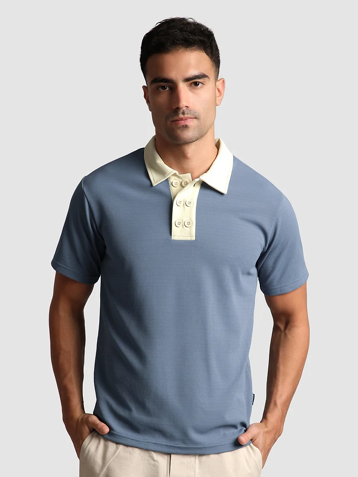 Stone Blue Sporty Double Buttoned Polo T-Shirt