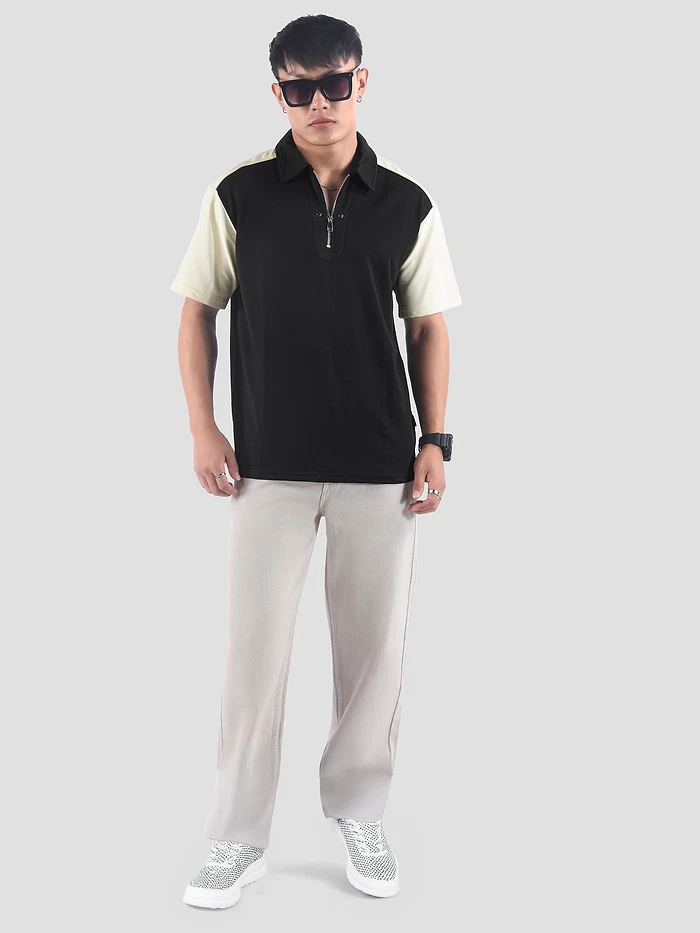 Black Zipper Color Block Polo T-Shirt