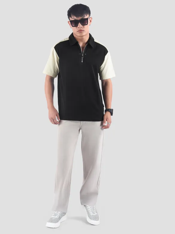 Black Zipper Color Block Polo T-Shirt