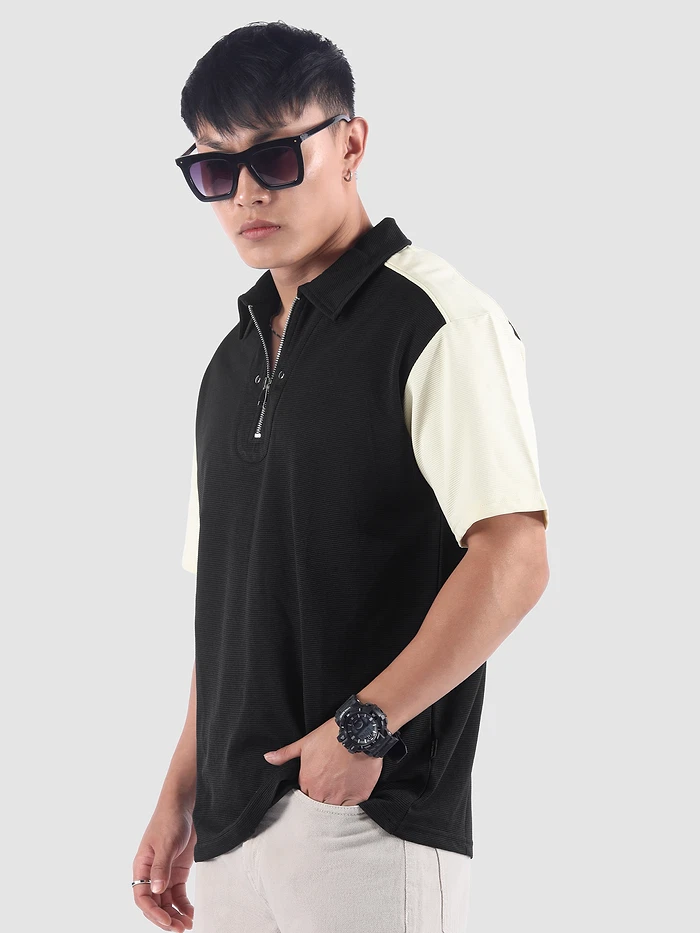Black Zipper Color Block Polo T-Shirt