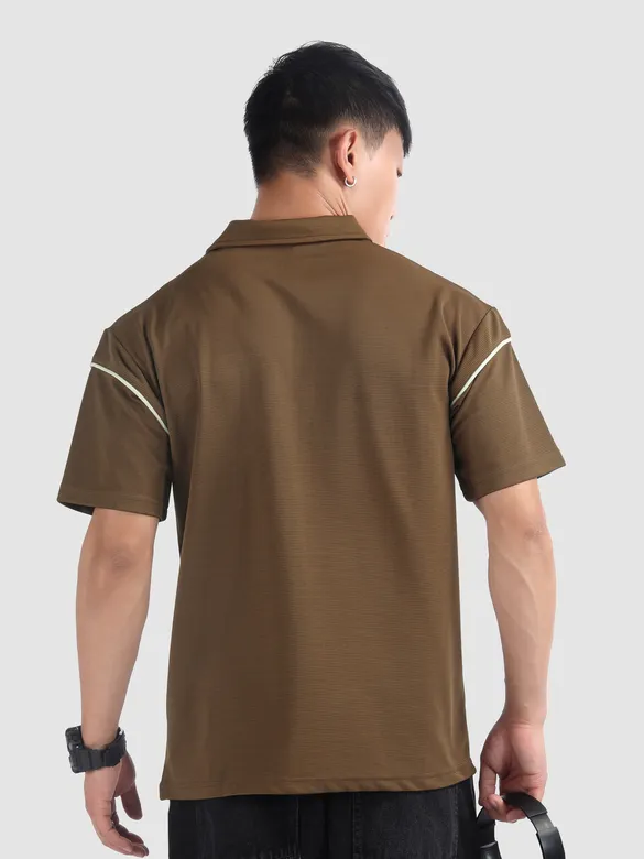 Brown Piping Textured Polo T-Shirt