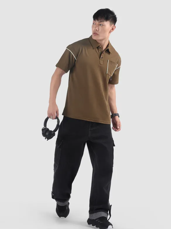 Brown Piping Textured Polo T-Shirt