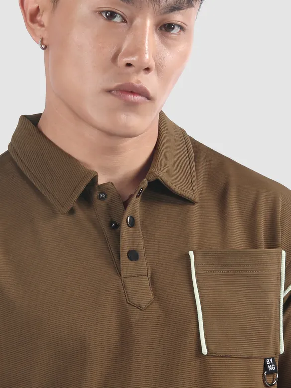 Brown Piping Textured Polo T-Shirt