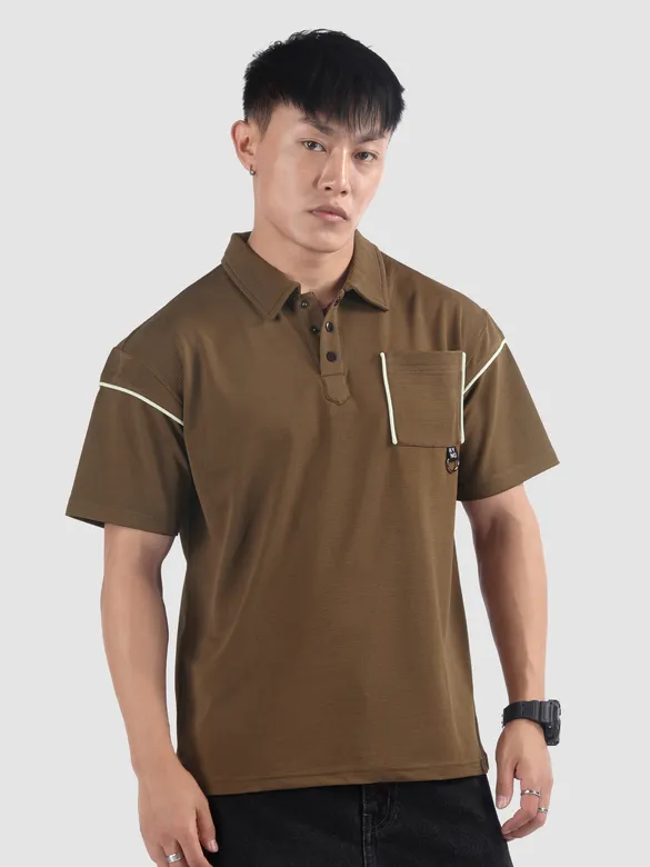 Brown Piping Textured Polo T-Shirt