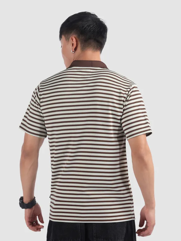 Brown Solid Collar Stripe Polo T-Shirt