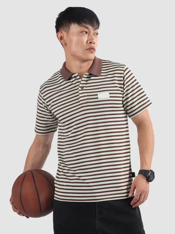 Brown Solid Collar Stripe Polo T-Shirt