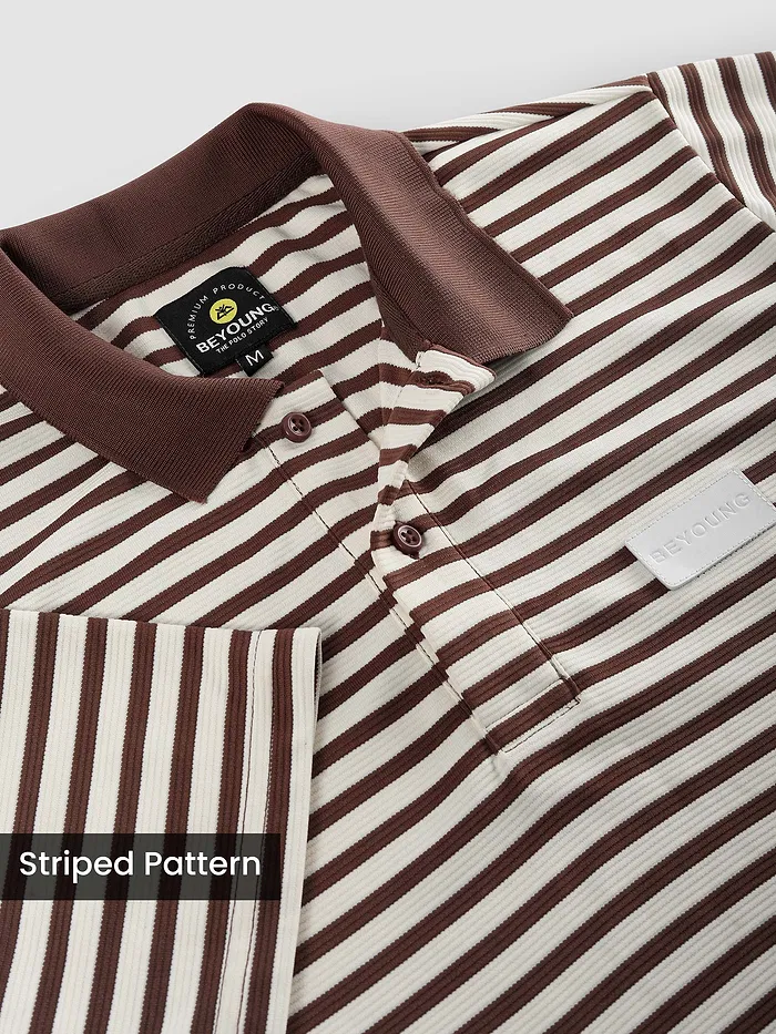 Brown Solid Collar Stripe Polo T-Shirt