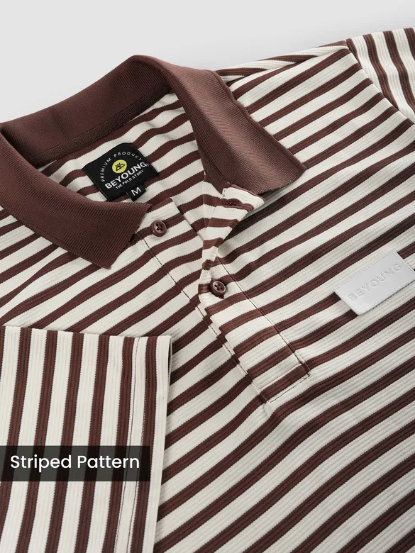 Brown Solid Collar Stripe Polo T-Shirt