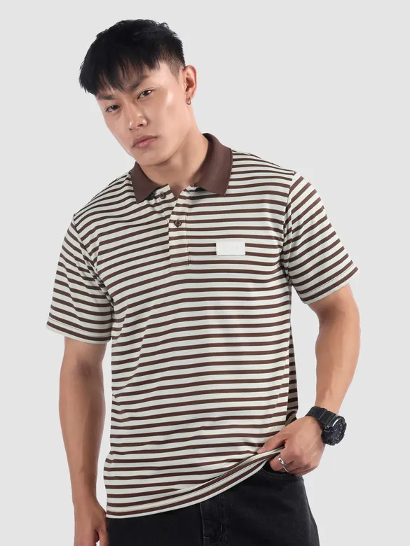 Brown Solid Collar Stripe Polo T-Shirt