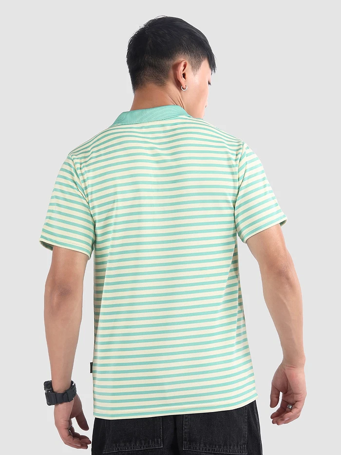 Mint Blue Solid Collar Stripe Polo T-Shirt