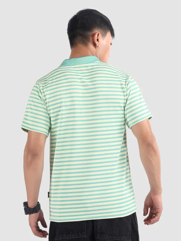 Mint Blue Solid Collar Stripe Polo T-Shirt