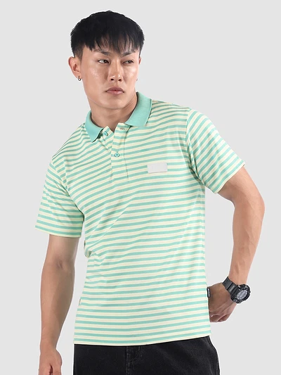 Mint Blue Solid Collar Stripe Polo T-Shirt