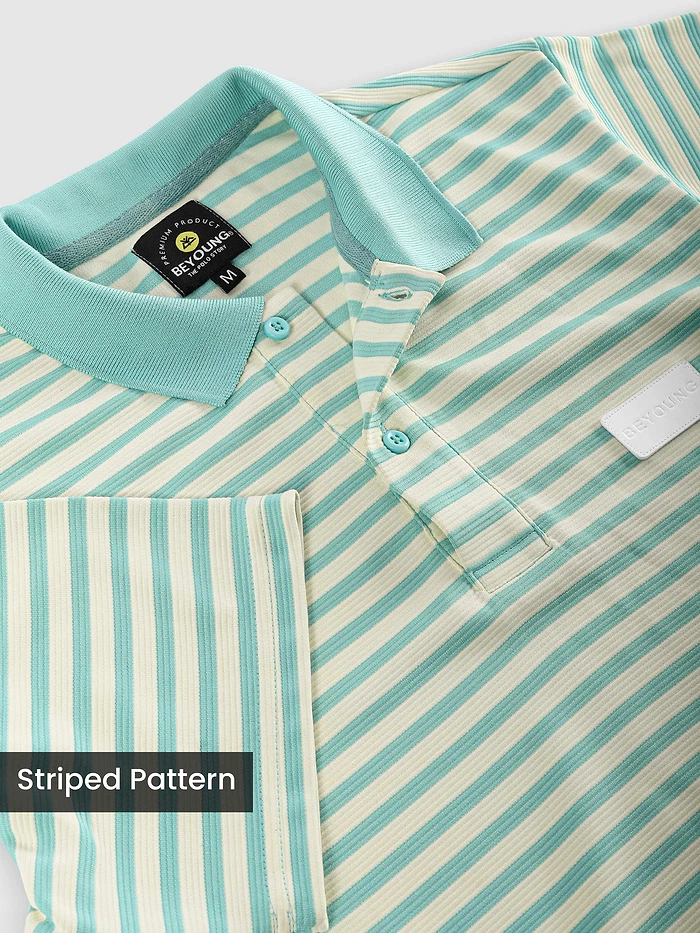 Mint Blue Solid Collar Stripe Polo T-Shirt