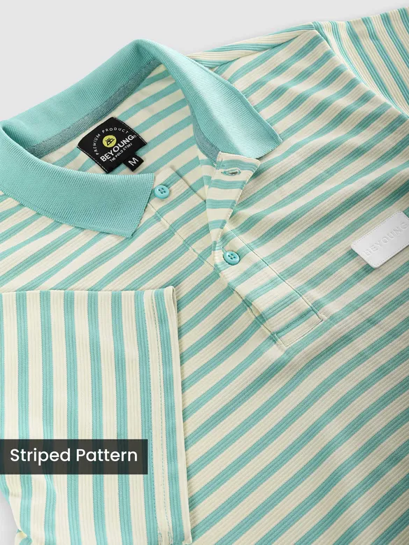Mint Blue Solid Collar Stripe Polo T-Shirt