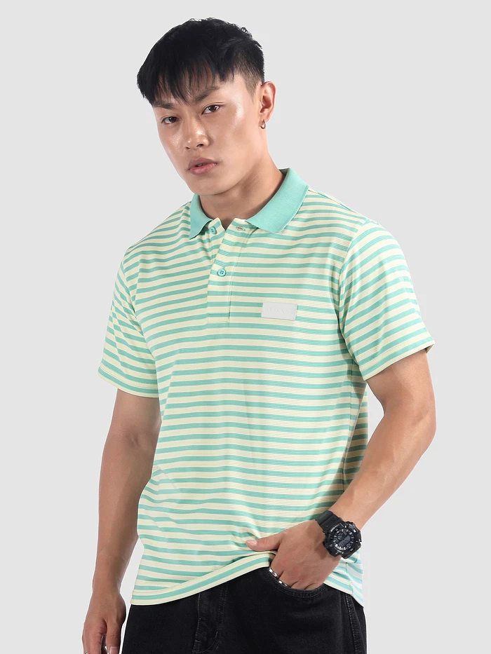 Mint Blue Solid Collar Stripe Polo T-Shirt