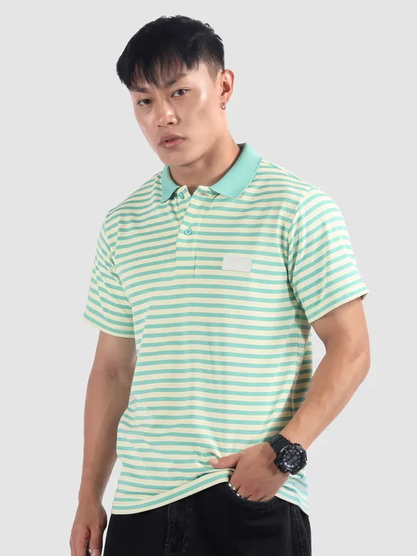 Mint Blue Solid Collar Stripe Polo T-Shirt