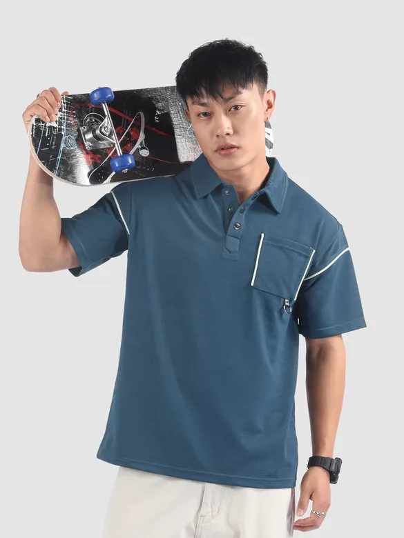 Navy Piping Textured Polo T-Shirt