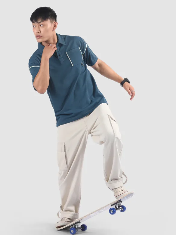 Navy Piping Textured Polo T-Shirt