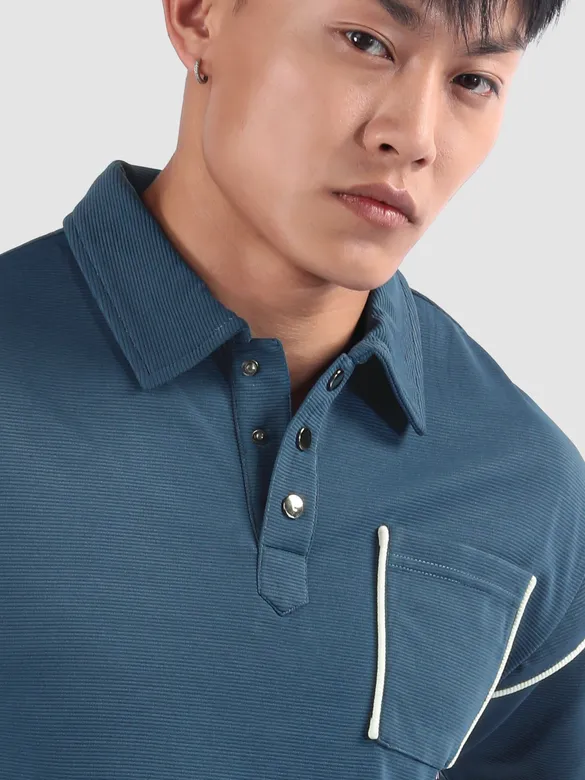Navy Piping Textured Polo T-Shirt
