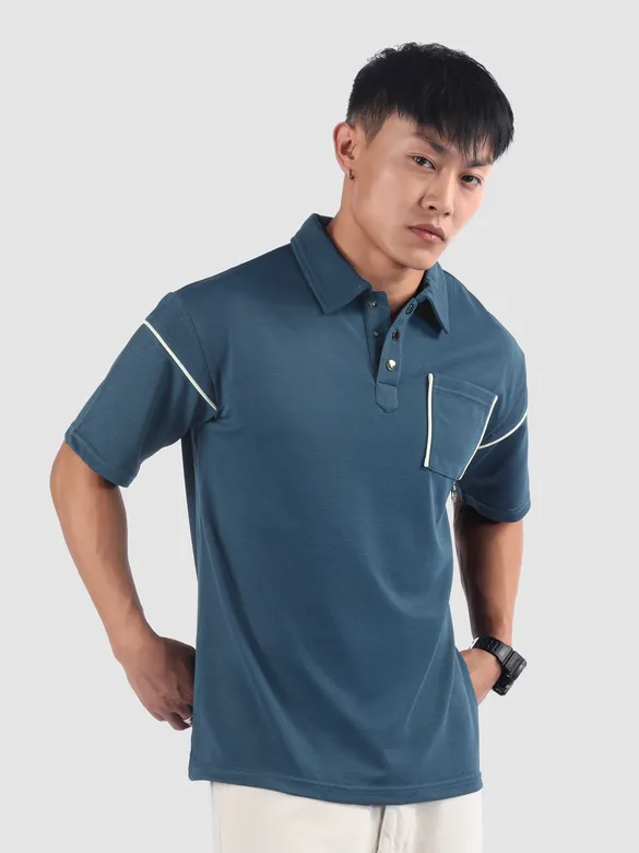 Navy Piping Textured Polo T-Shirt