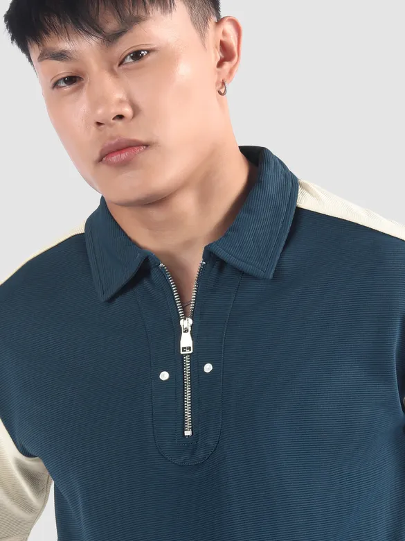 Navy Zipper Color Block Polo T-Shirt