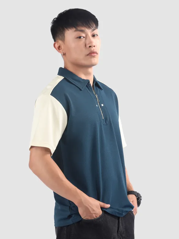 Navy Zipper Color Block Polo T-Shirt