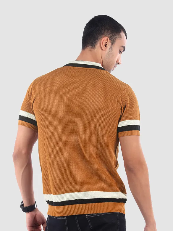 Cider Brown Contrast Striped Collar Flat Knit Polo T-Shirt