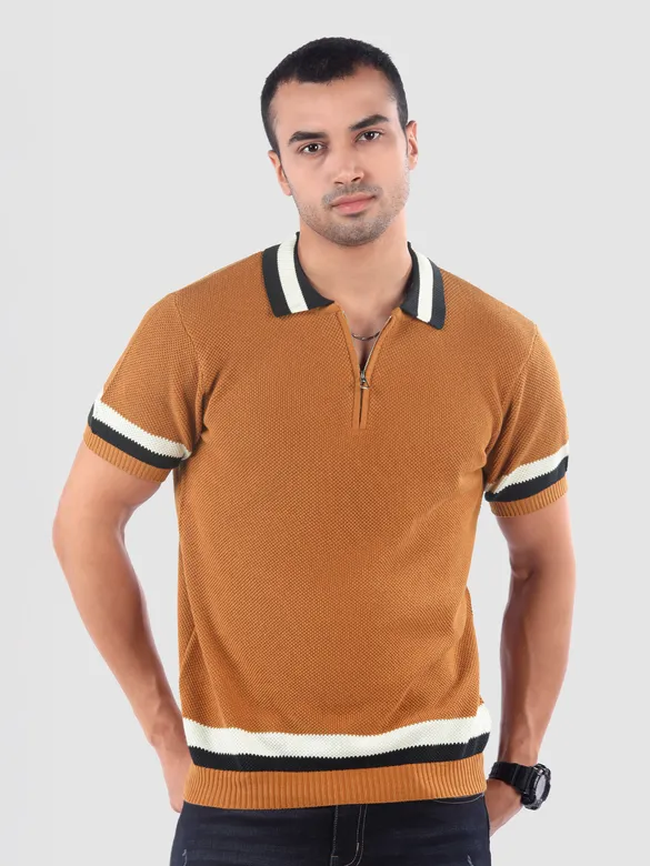 Cider Brown Contrast Striped Collar Flat Knit Polo T-Shirt