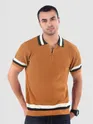 Cider Brown Contrast Striped Collar Flat Knit Polo T-Shirt
