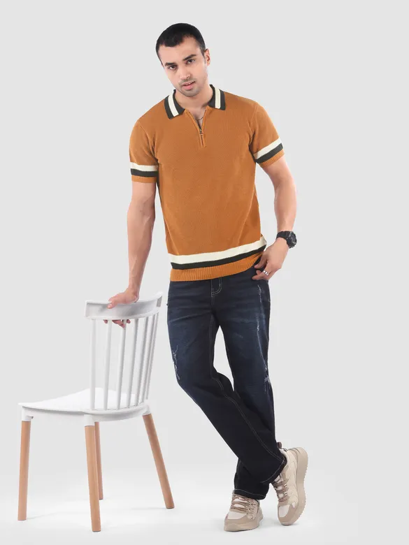 Cider Brown Contrast Striped Collar Flat Knit Polo T-Shirt