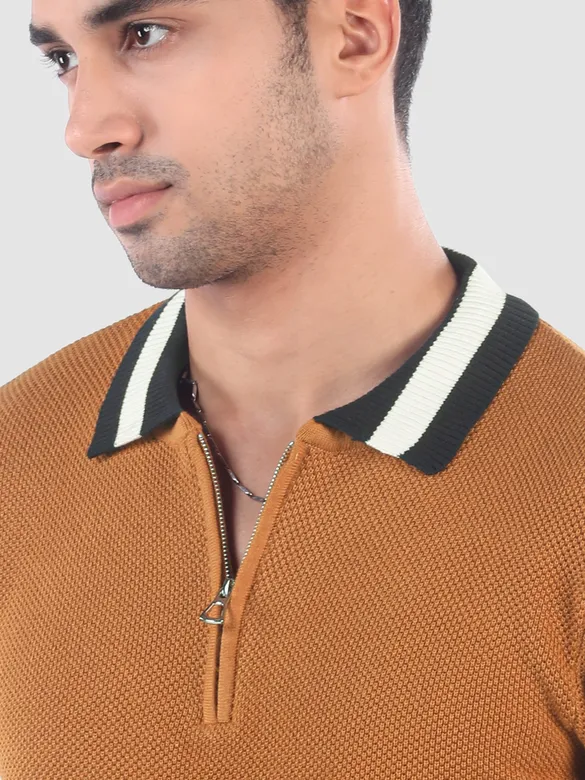 Cider Brown Contrast Striped Collar Flat Knit Polo T-Shirt