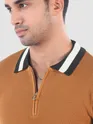 Cider Brown Contrast Striped Collar Flat Knit Polo T-Shirt