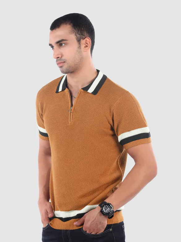 Cider Brown Contrast Striped Collar Flat Knit Polo T-Shirt