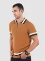Cider Brown Contrast Striped Collar Flat Knit Polo T-Shirt