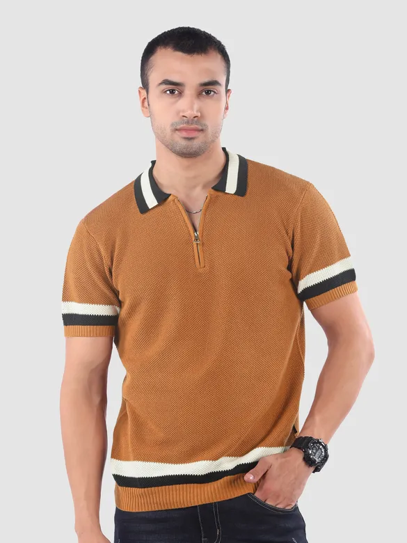 Cider Brown Contrast Striped Collar Flat Knit Polo T-Shirt