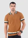 Cider Brown Contrast Striped Collar Flat Knit Polo T-Shirt