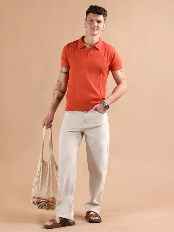 Orange Cord Striped Flat Knit Polo T-Shirt