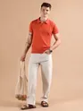 Orange Cord Striped Flat Knit Polo T-Shirt