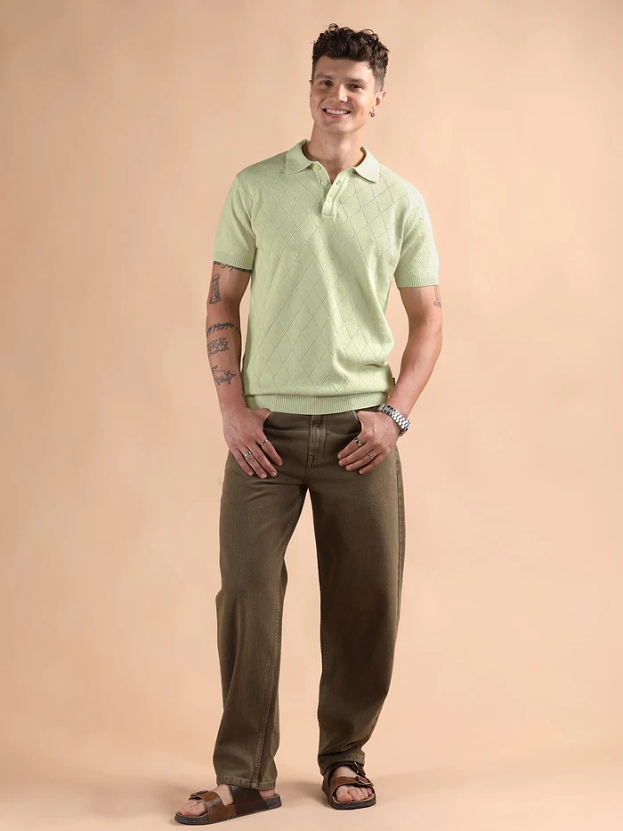 Pale Green Diamond Textured Flat Knit Polo T-Shirt