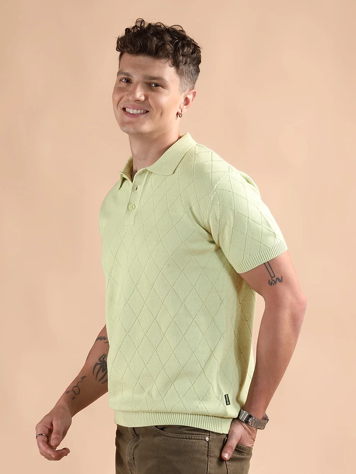Pale Green Diamond Textured Flat Knit Polo T-Shirt