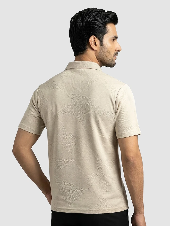 Beige Abstract Jacquard Textured Zipper Polo T-Shirt